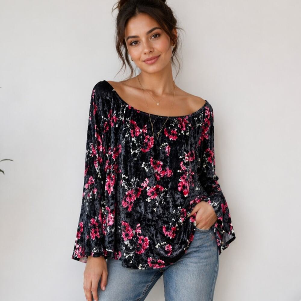 Crave Fame Velvet Off-the-shoulder Top Womens Sz XL Bell Sleeve Black Floral NWT